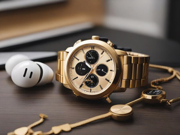 Photo round goldcolored chronograph watch near apple airpods