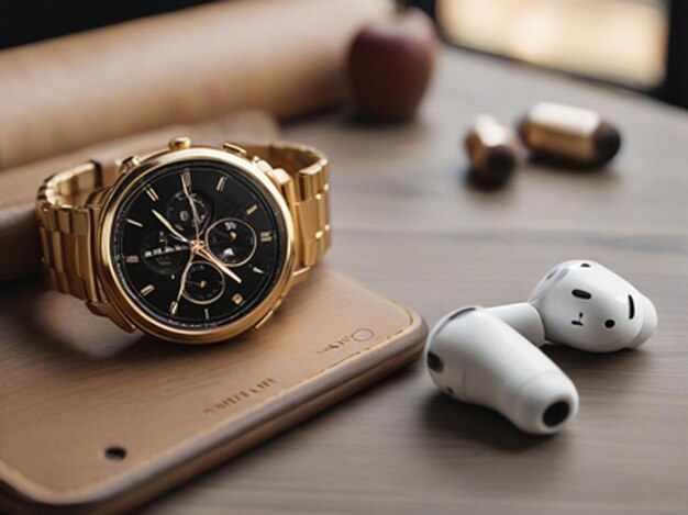 Foto orologio cronografico a colori dorati vicino agli airpods di apple