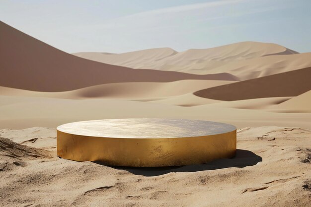 Photo round golden podium in the middle of the desert