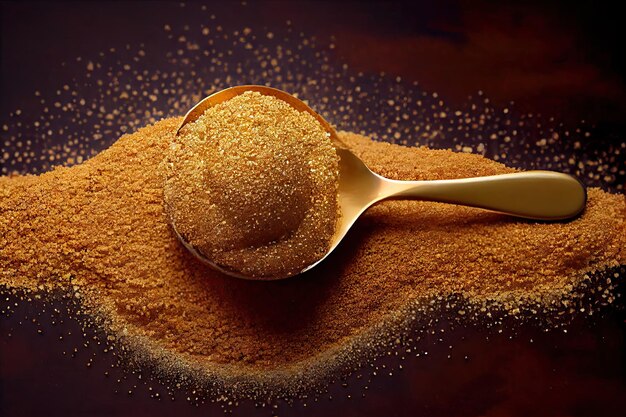 Photo round golden sponge cake crumbs with decoration in form of spoon