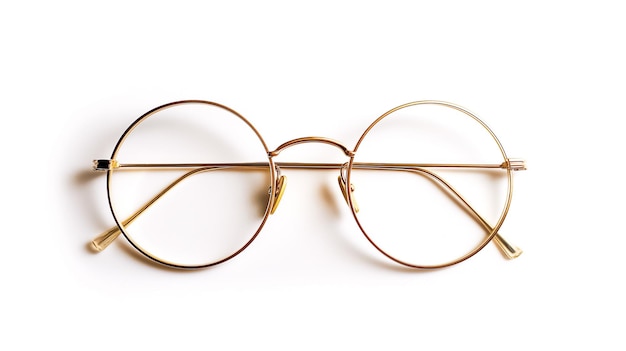  바탕 에 평평 하게 놓인 미니멀 한 디자인 을 가진 둥근 금색 프레임 의 안경