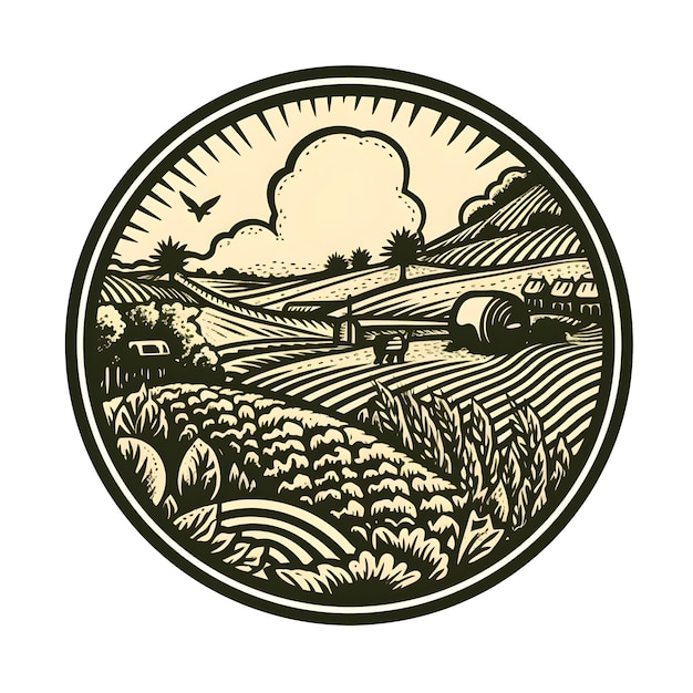 A round graphic of a farm scene with a cloud in the sky.