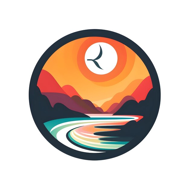 A round graphic with a bird flying over a river.