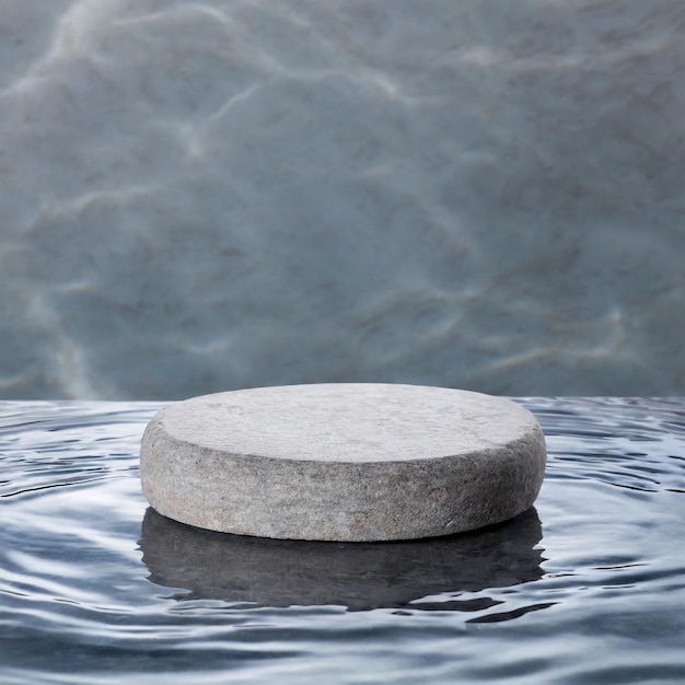 Round gray surface stone podium on water for products display Ai Generated