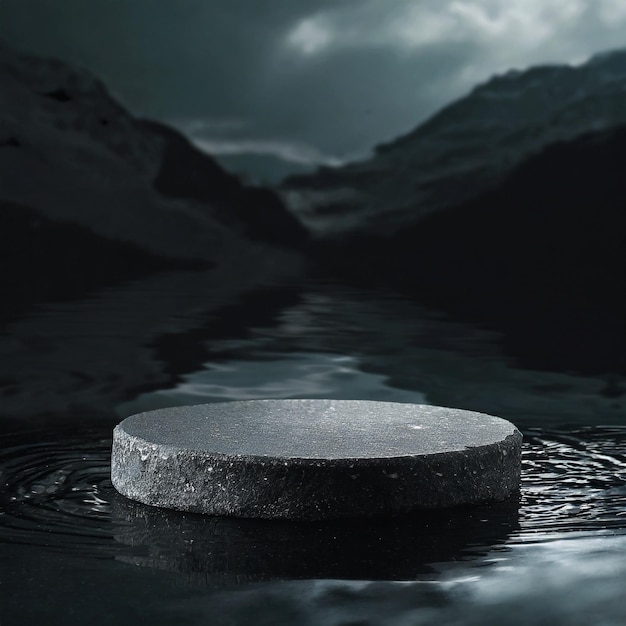 Photo round gray surface stone podium on water for products display ai generated