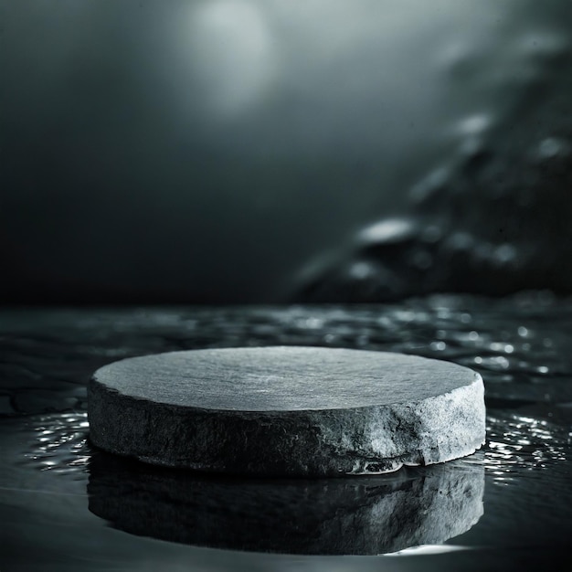 Round gray surface stone podium on water for products display Ai Generated