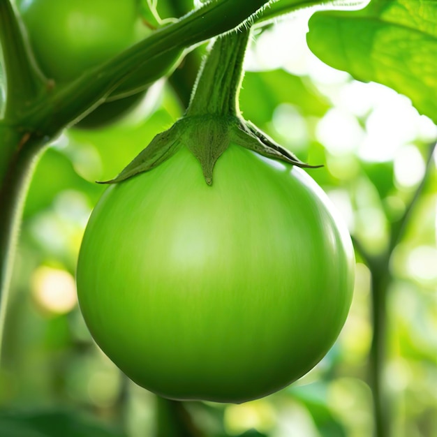 庭の丸い緑のナスの野菜の木