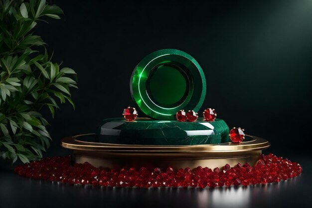 Round green stone podium composition with red crystal in the photo studio hyperrealistic materials