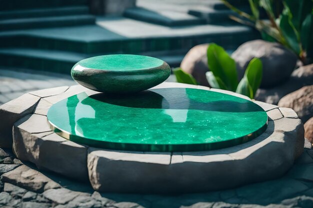 Round grey rock cosmetic podium composition with malachite in the street hyperrealistic materials