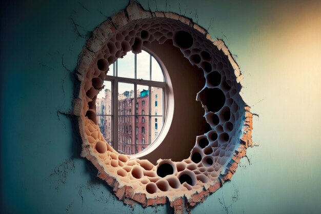 Round hole in broken through wall inside building
