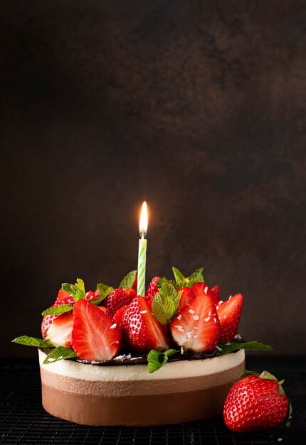 Round homemade chocolate cake with fresh strawberries and mint and with burning holiday candle, close-up