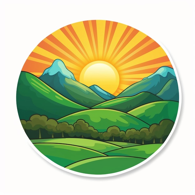 Round icon of a mountain landscape with a sun and mountains in the middle