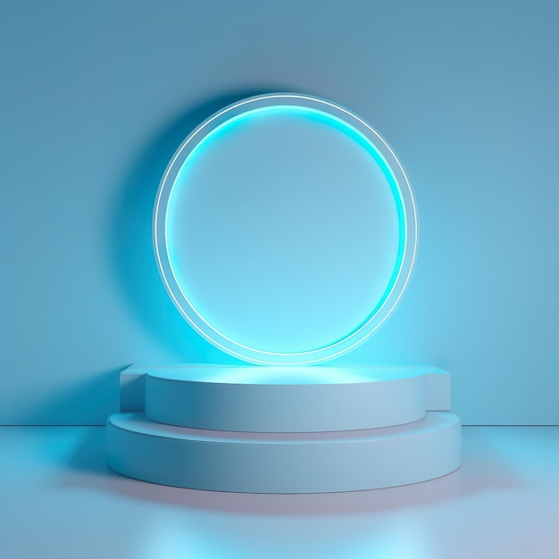 A round illuminated podium with a blue circle in the middle.