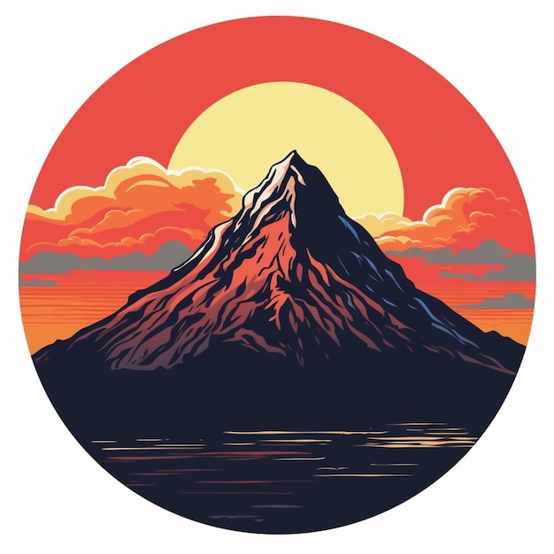 A round illustration of a mountain with the sun setting behind it.