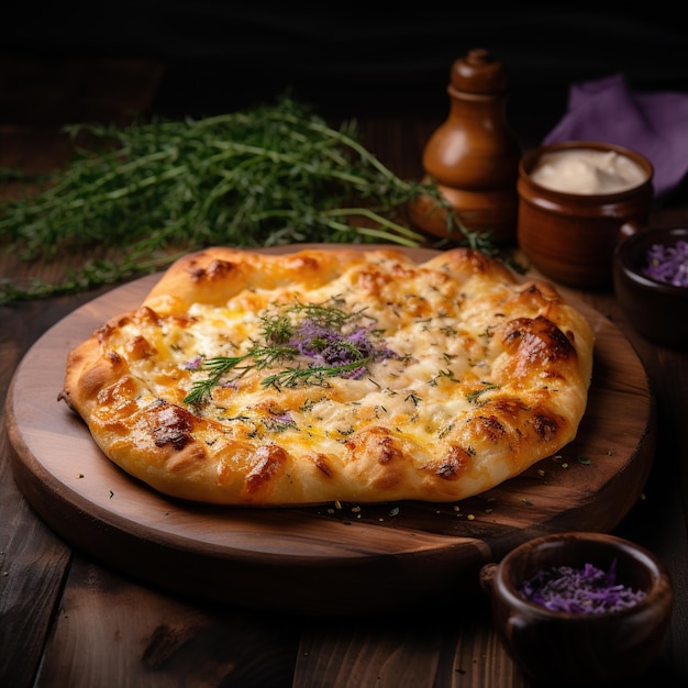 round Khachapuri on a wooden board in the background