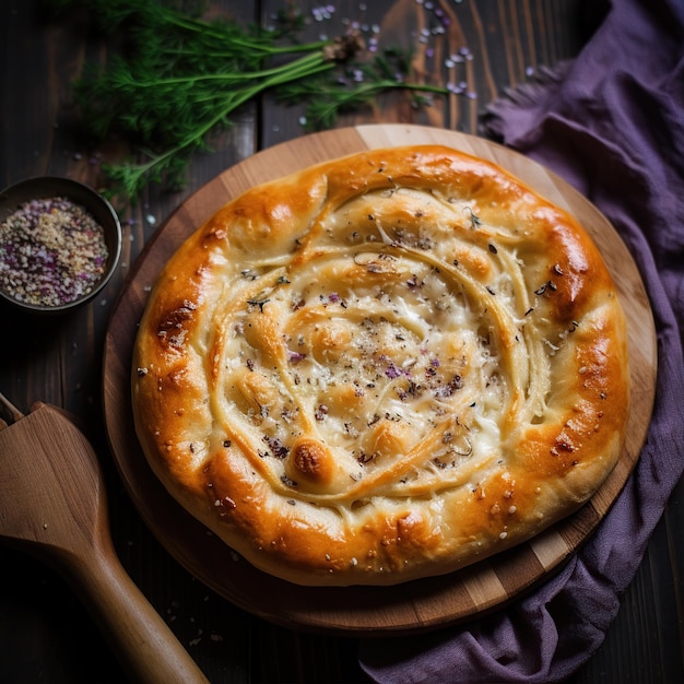 round Khachapuri on a wooden board the background