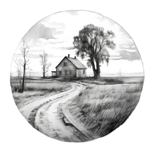 round landscape charcoal hand drawn sketch pencil sketch detailed ink black white