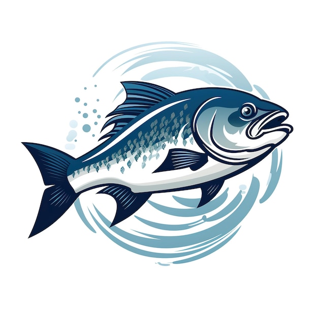 Foto logo rotondo con un pesce su sfondo bianco simbolo badge per un ristorante di marca di pesca e un negozio di frutti di mare una società di pesca