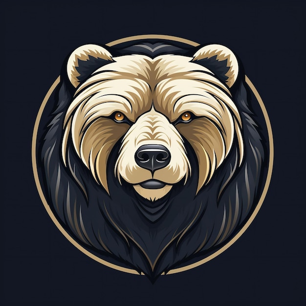 Photo round logo emblem with the head of brown grizzly bear on a black background
