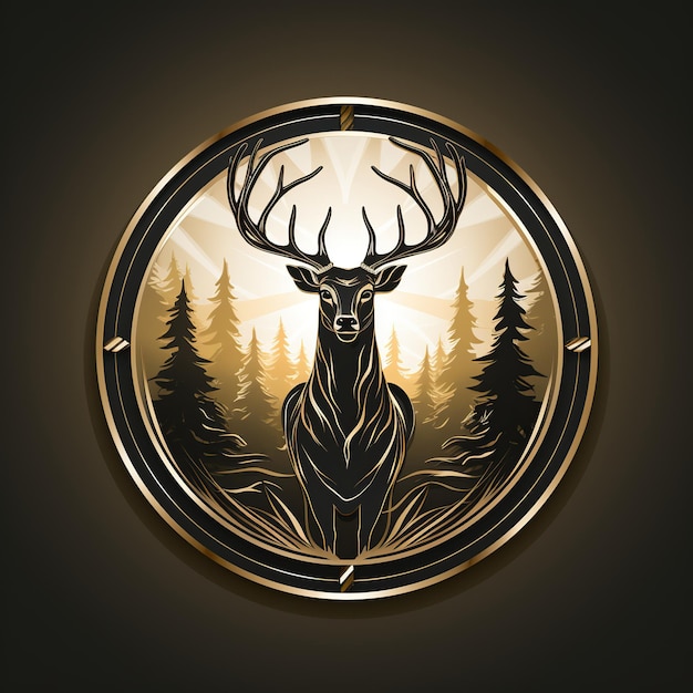 Photo round logo emblem with a silhouette of a horned deer in the forest on a dark background