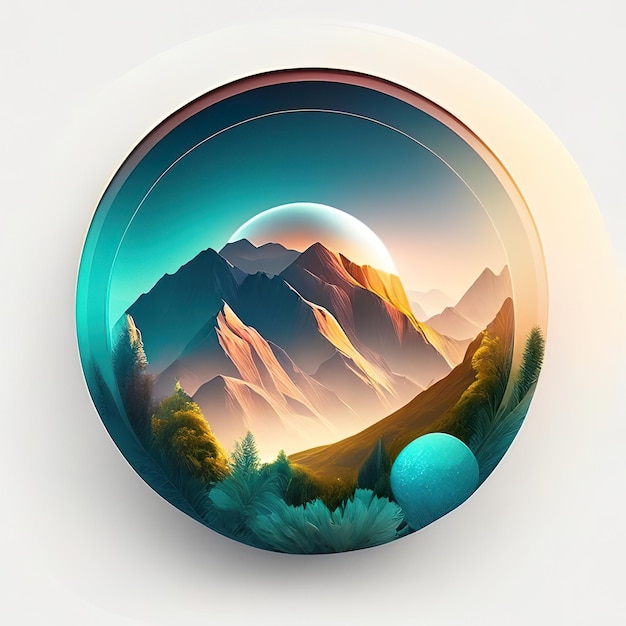 Round logo in nature with mountains and sunset Generative AI