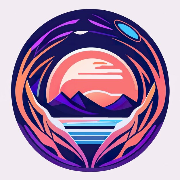 Photo round logo in nature with mountains and sunset generative ai