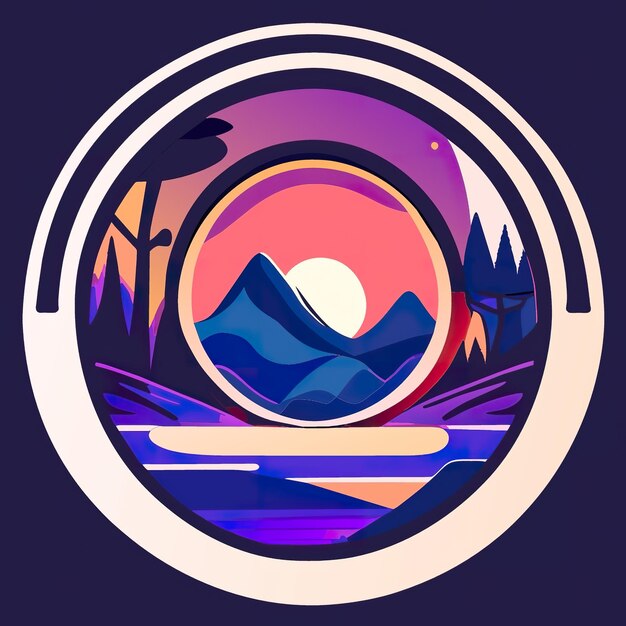 Photo round logo in nature with mountains and sunset generative ai