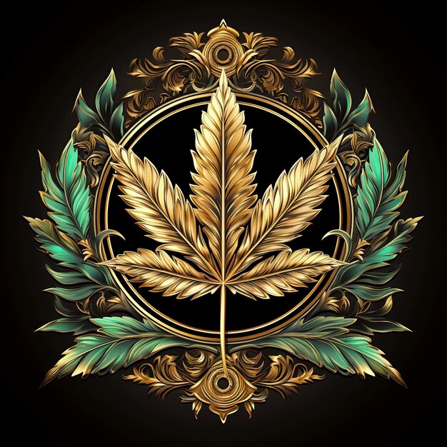 Photo round logo symbol with cannabis marijuana leaves on a black background for a legal store