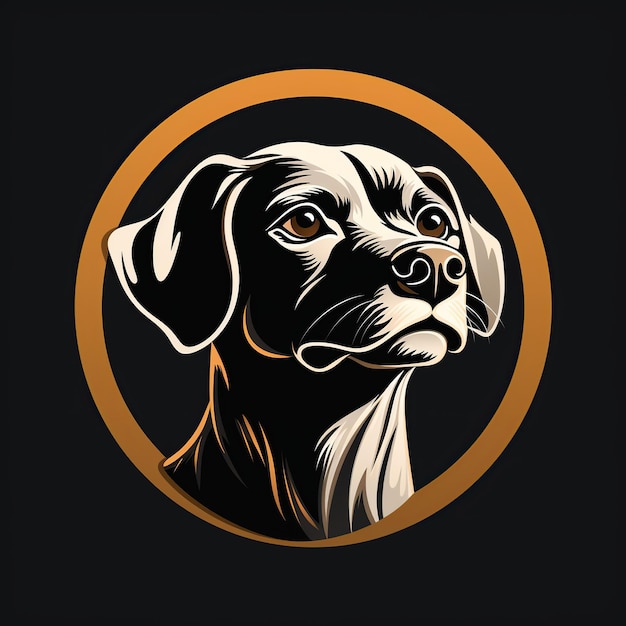 黒い背景に犬の顔を描いた丸いロゴのシンボル