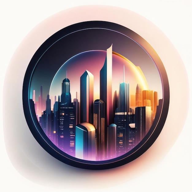 Round logo with futuristic city in soft colors Generative AI