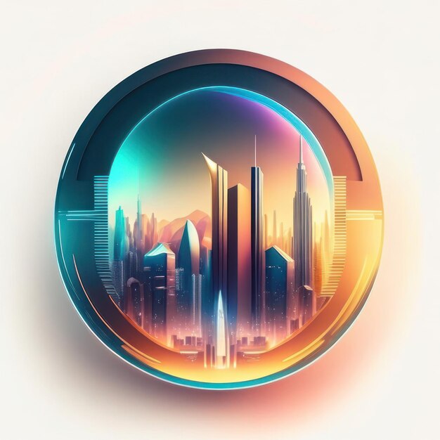 Round logo with futuristic city in soft colors generative ai