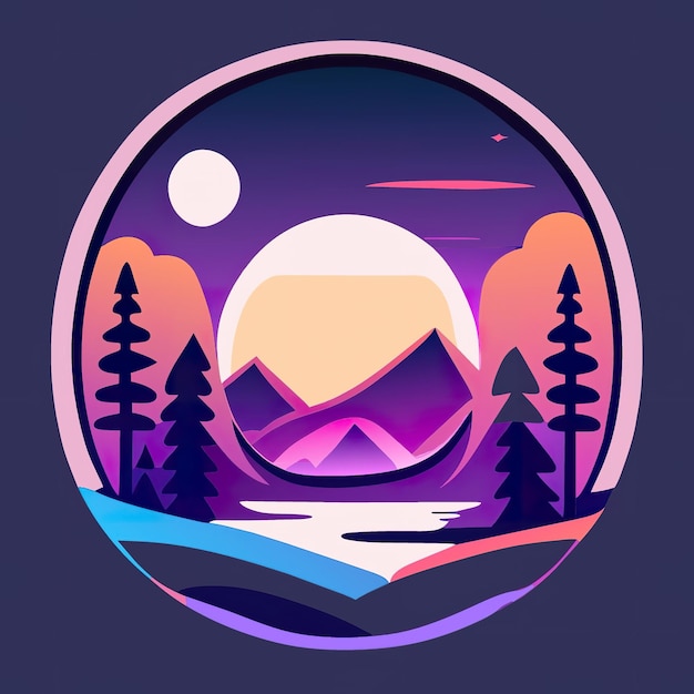 Round logo with nature with plants and mountains in soft colors Generative AI