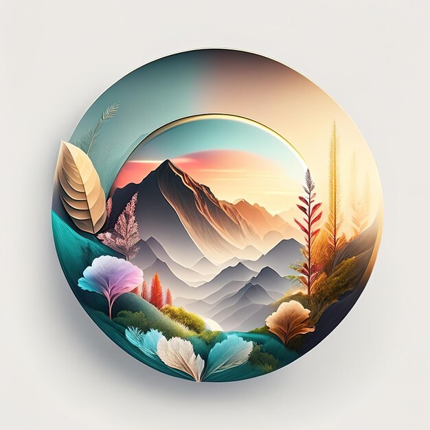 Round logo with nature with plants and mountains in soft colors generative ai