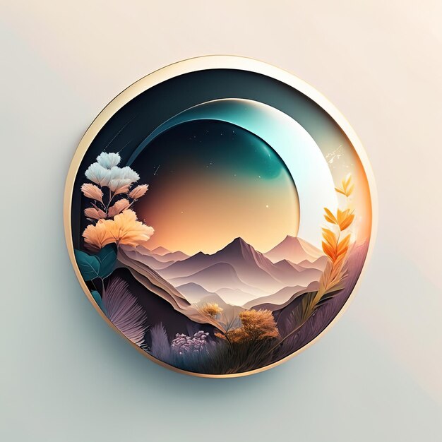 Round logo with nature with plants and mountains in soft colors generative ai