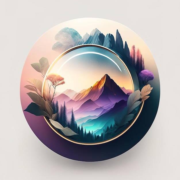 Round logo with nature with plants and mountains in soft colors Generative AI