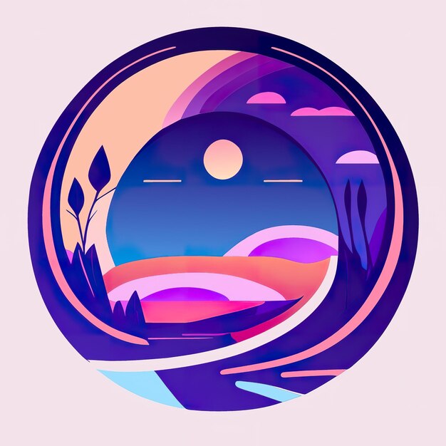 Round logo with nature with plants and mountains in soft colors Generative AI