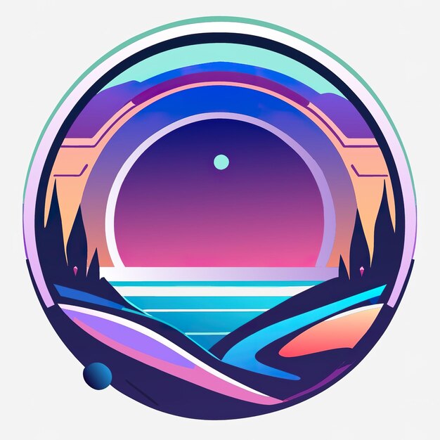 Round logo with nature with plants and mountains in soft colors Generative AI