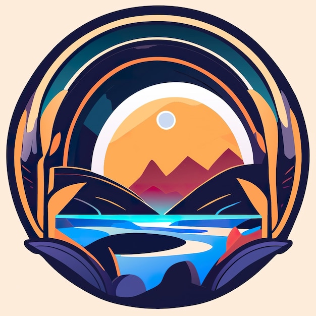 Round logo with nature with plants and mountains in soft colors Generative AI