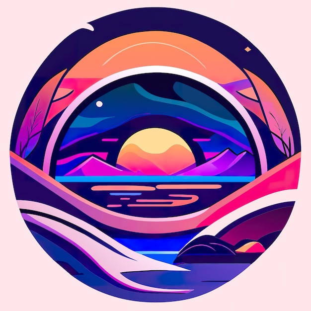 Round logo with nature with plants and mountains in soft colors Generative AI