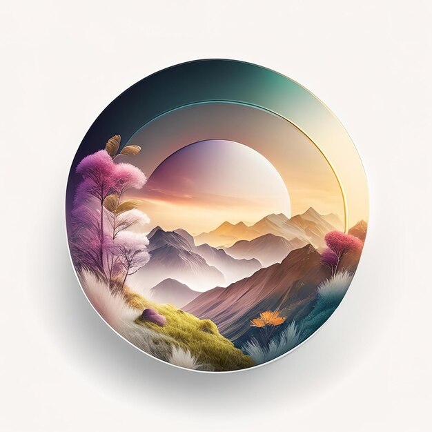 Round logo with nature with plants and mountains in soft colors Generative AI