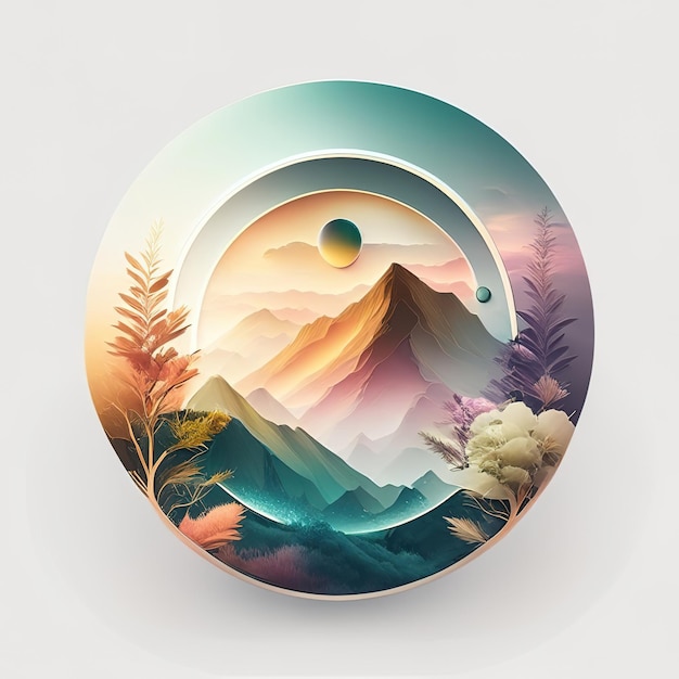 Round logo with nature with plants and mountains in soft colors Generative AI