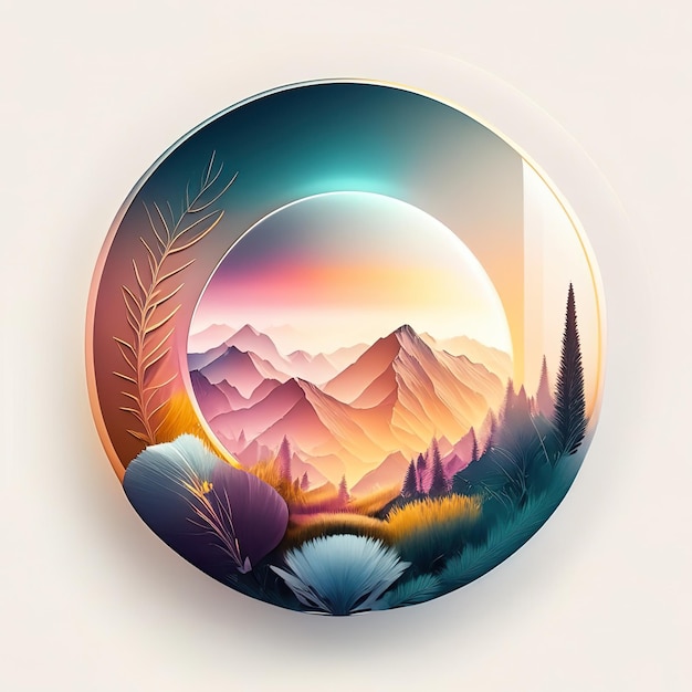 Round logo with nature with plants and mountains in soft colors Generative AI