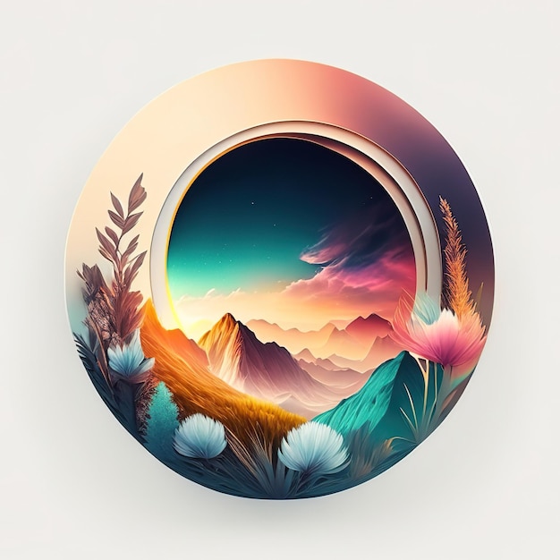 Round logo with nature with plants and mountains in soft colors Generative AI