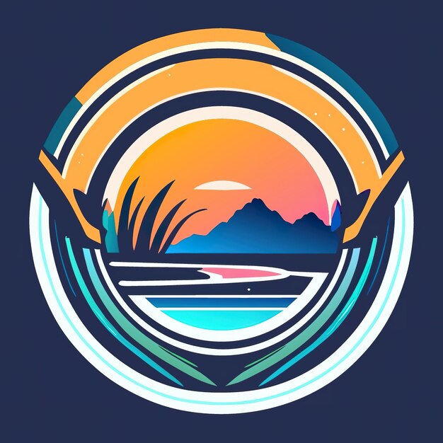 Round logo with nature with plants and mountains in soft colors Generative AI