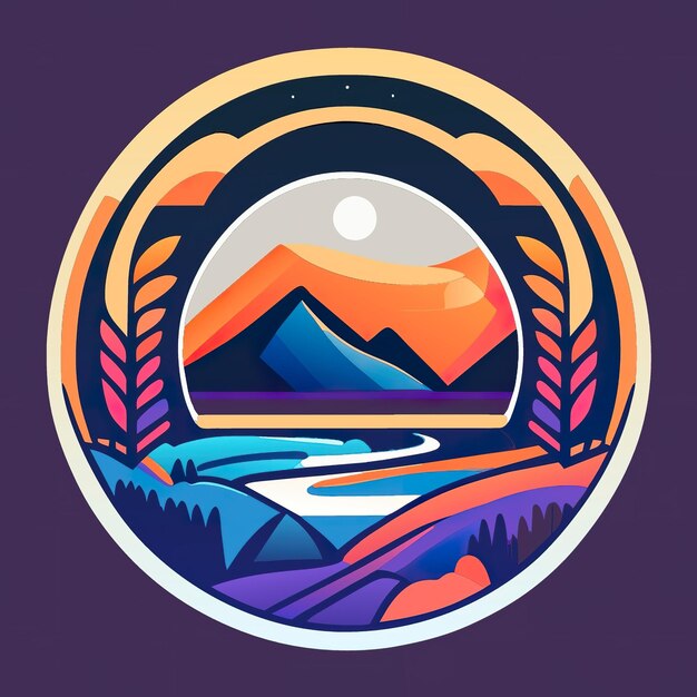 Round logo with nature with plants and mountains in soft colors Generative AI