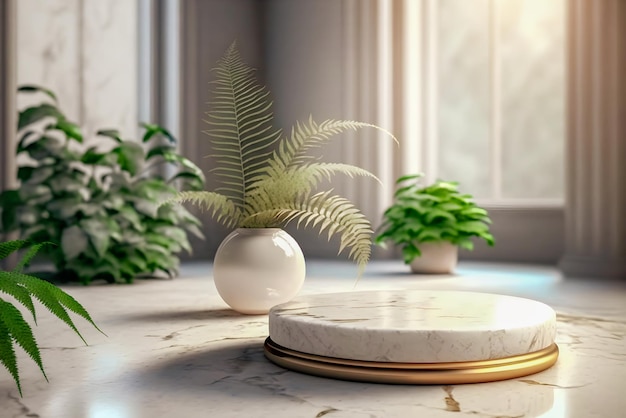 Round marble empty podium with potted plants on blurred bathroom interior background