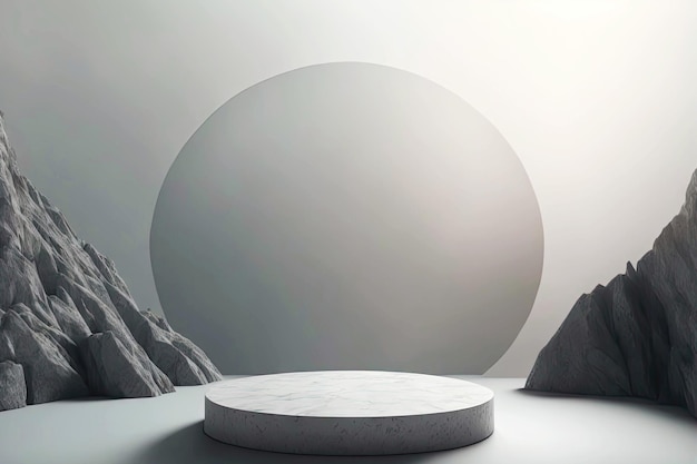 Round marble platform for exhibition 3d art podiumkeytodesc against background of mountain landscape