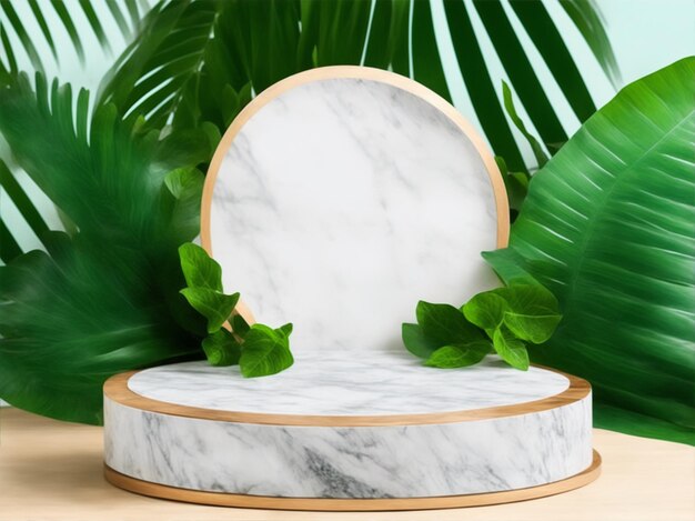 Round marble podium product display plant background ai generated