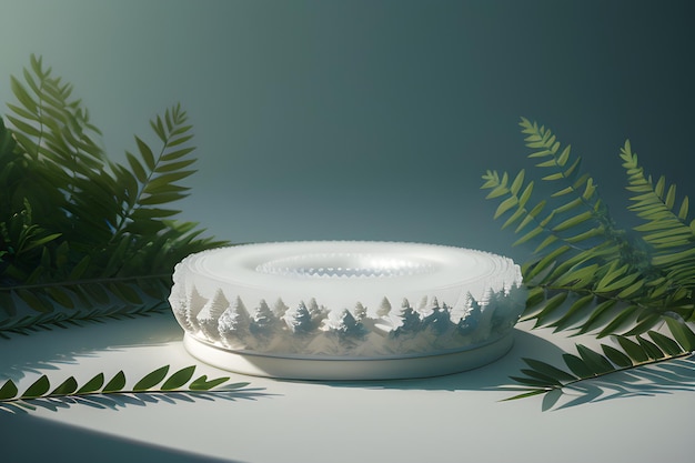 Round Marble Podium In Tropical Forest For Product Presentation And Green Wall 3D Generative AI for natural beauty products perfumes cosmetics mockups