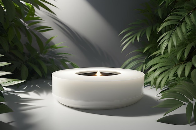 Round Marble Podium In Tropical Forest For Product Presentation And Green Wall 3D Generative AI for natural beauty products perfumes cosmetics mockups